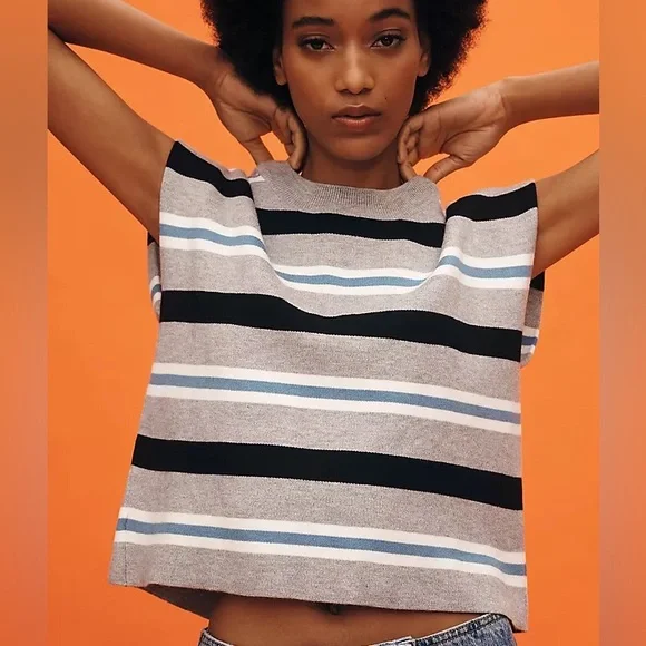 The Noah Muscle Tank Sweater by Maeve size S Stripes Blue Black White - Picture 2 of 8